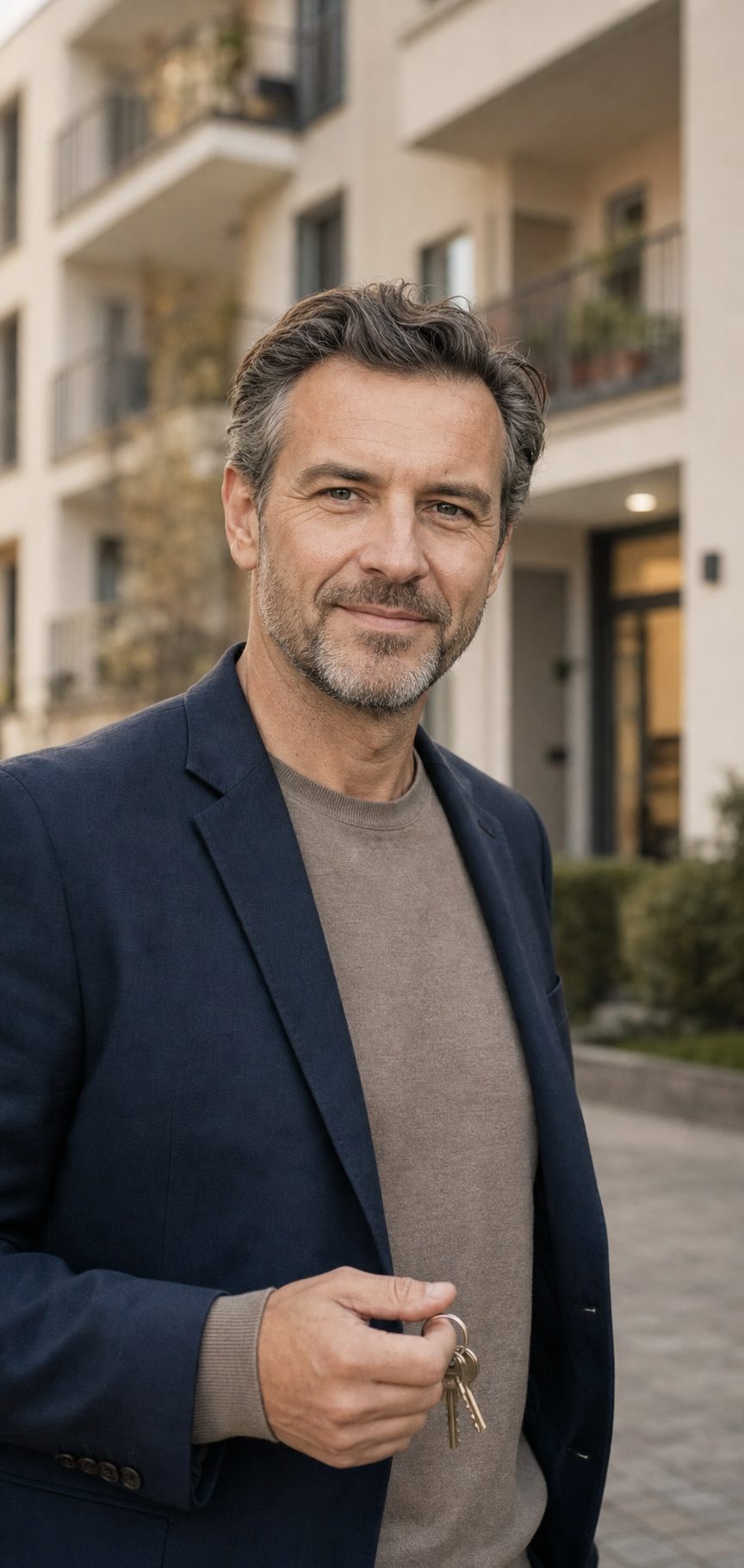 Hausverwalter mit Schlüsselbund vor einem Wohngebäude