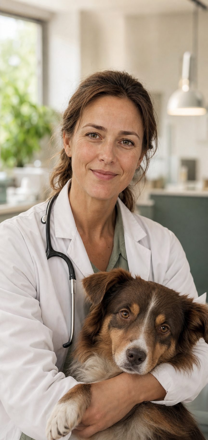 Tierärztin im Kittel mit einem Hund in der Praxis